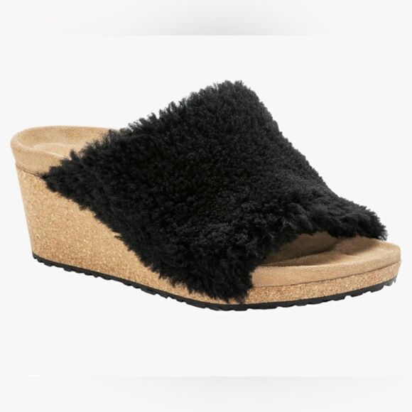NWT BIRKENSTOCK NAMIKA TEDDY WEDGE
IN BLACK Size US 8 EU 39 - Picture 1 of 12